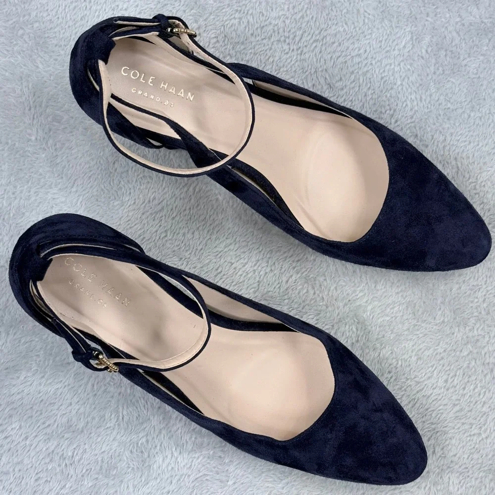 Cole Haan Lacey Suede Grand.OS Wedge Pump Women 8.5 Blue Ankle Strap Pointed Toe